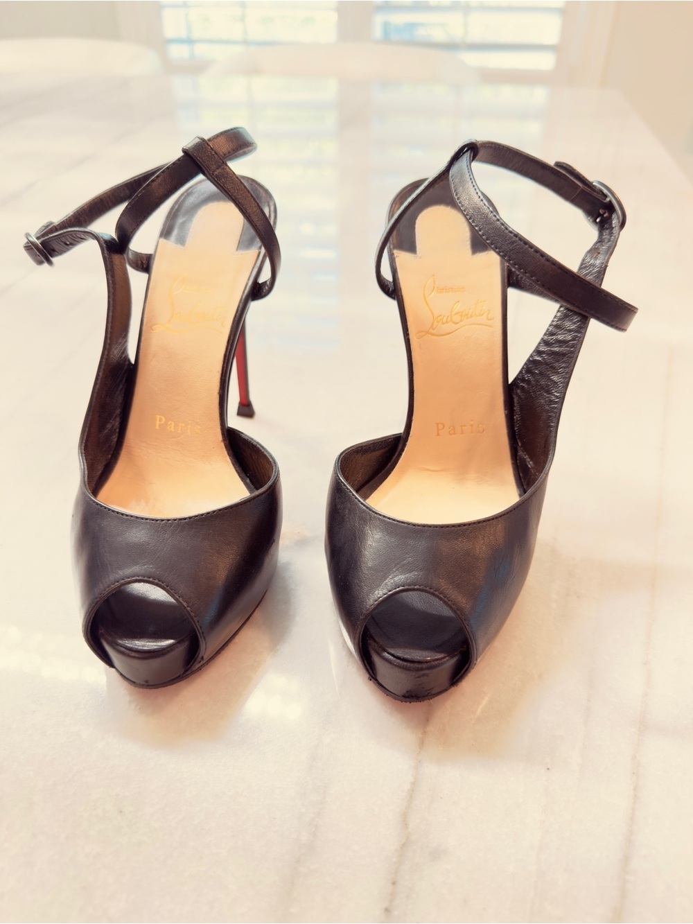 Christian Louboutin Black Leather Peep-Toe Ankle-Strap Heels